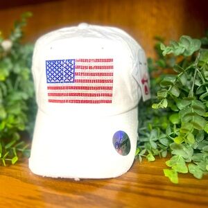 Distressed Ponytail White Hat - Rhinestone American Flag